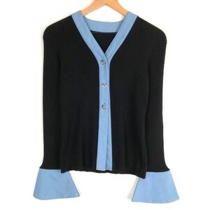 COMMENSE Button Front V Neck Ribbed Bell Sleeve Cardigan Sz S Black Blue Silver